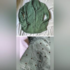 Utility army green denim jacket - metal gold studs on shoulders, metal buttons